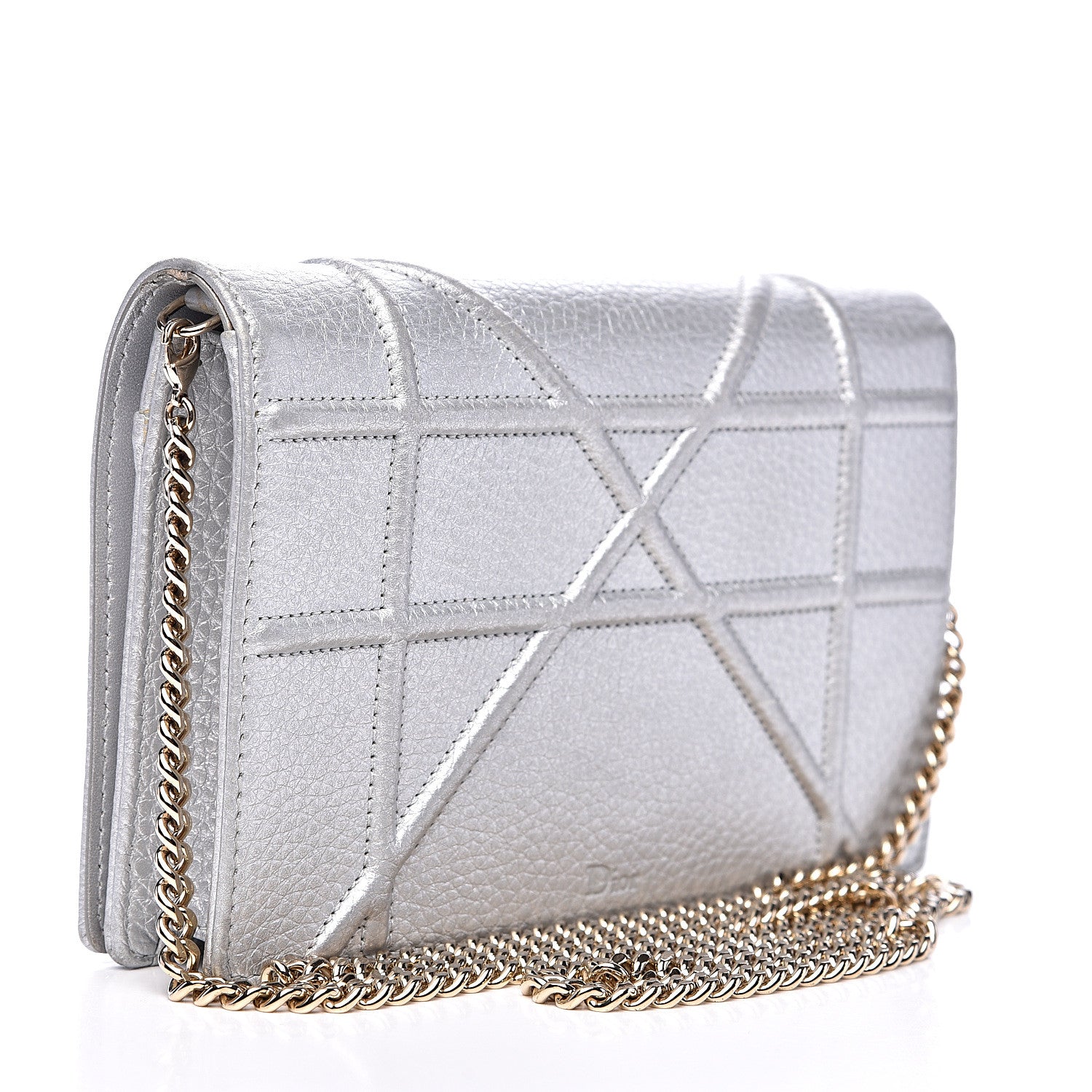 Christian Dior Metallic Grained Calfskin Diorama Wallet on Chain Pouch Silver 3 of 15