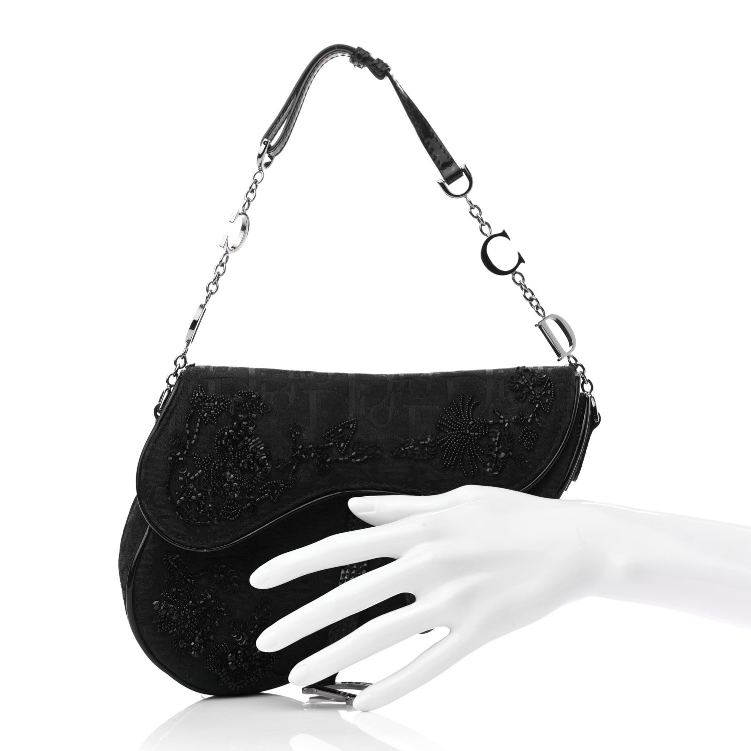 Christian Dior Canvas Bead Embroidered Mini Saddle Black 2 of 6