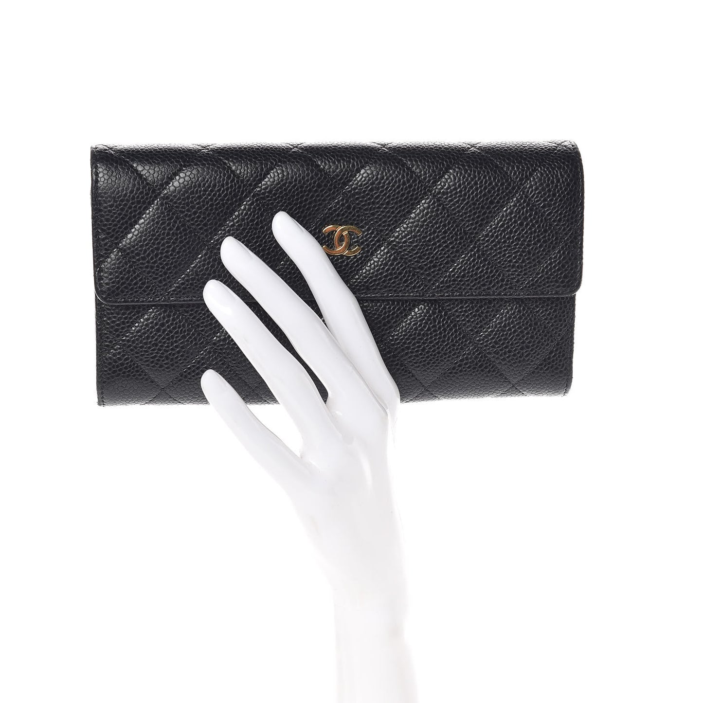 Caviar Quilted Large Gusset Flap Wallet Black