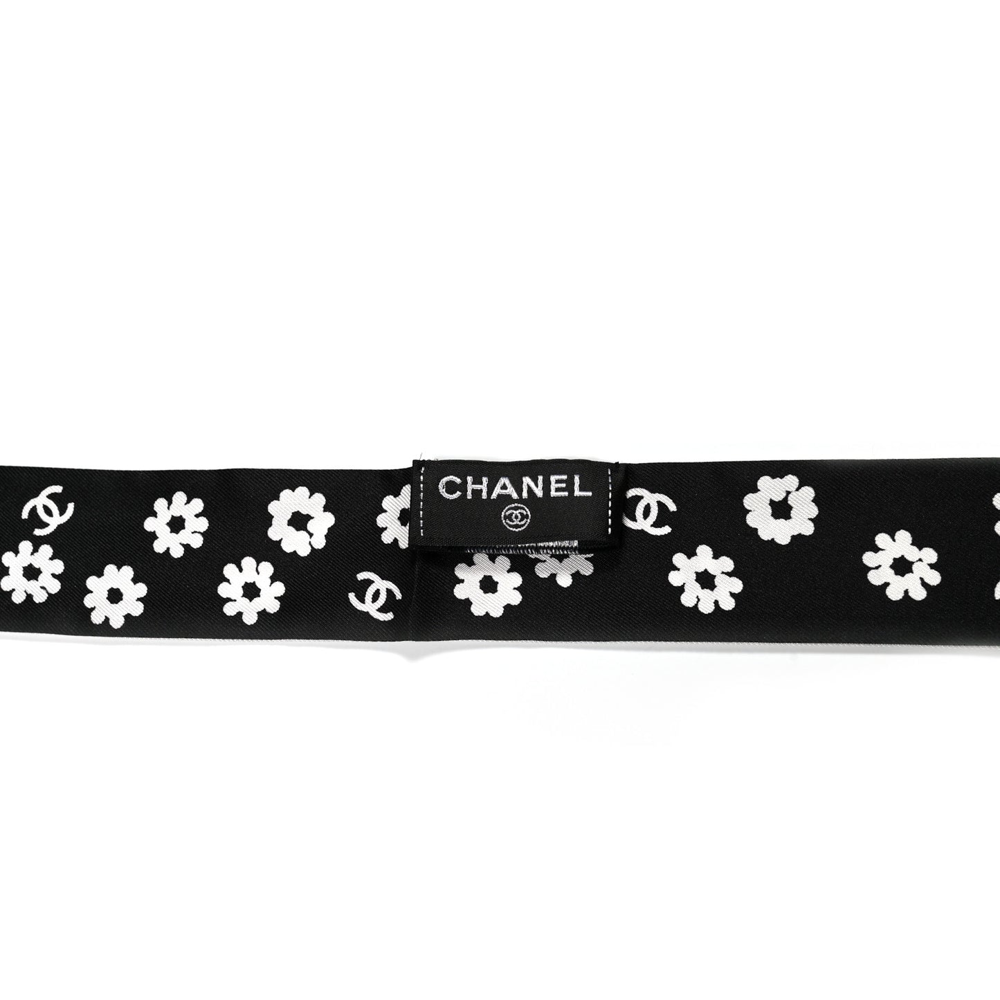 Silk Twill CC Flowers Slim Bandeau Scarf White Black