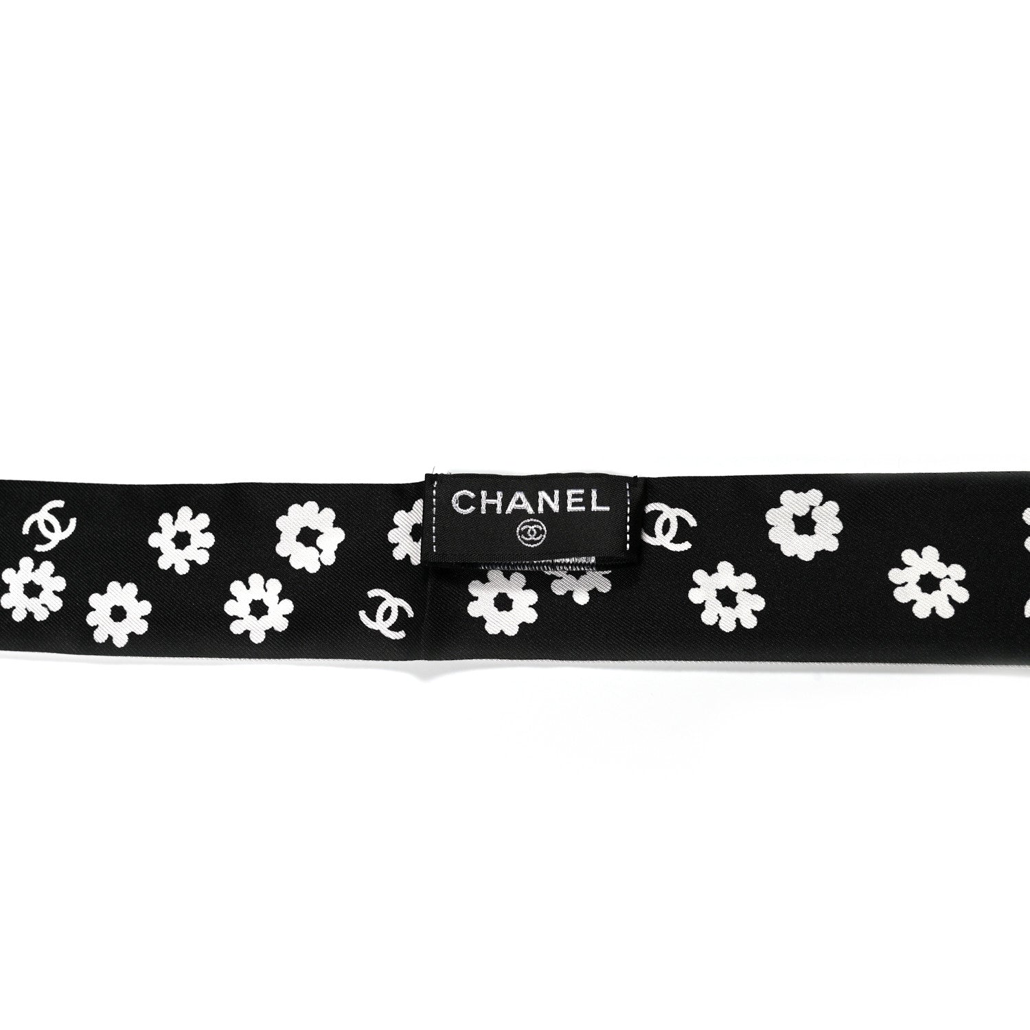 Chanel Silk Twill CC Flowers Slim Bandeau Scarf White Black 2 of 3