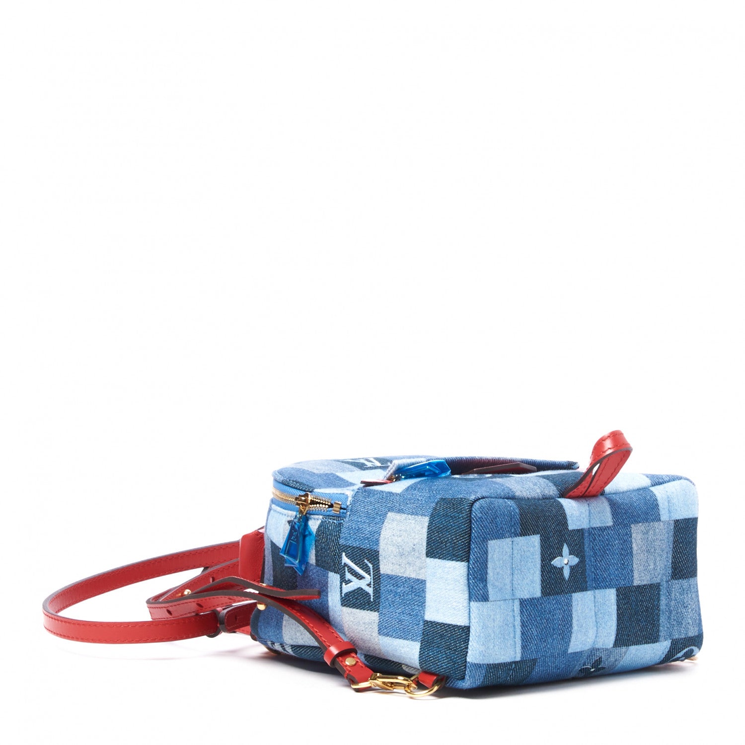 Louis Vuitton Denim Damier Monogram Patchwork Palm Springs Backpack Mini Blue Rouge 3 of 9