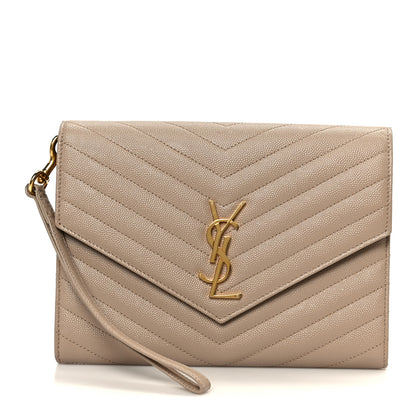 Saint Laurent Grain De Poudre Matelasse Chevron Monogram Envelope Clutch Dark Beige 1 of 10