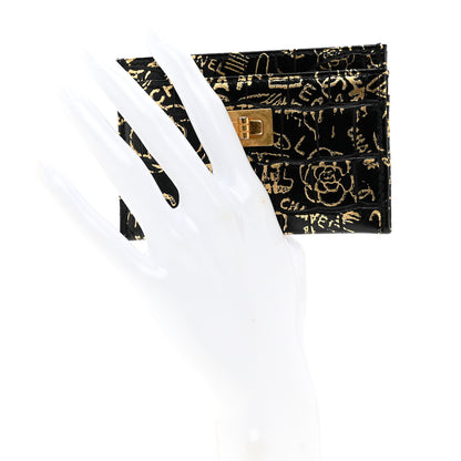 Chanel Calfskin Crocodile Embossed Graffiti 2.55 Cocodile Reissue Card Holder Black Gold 2 of 8