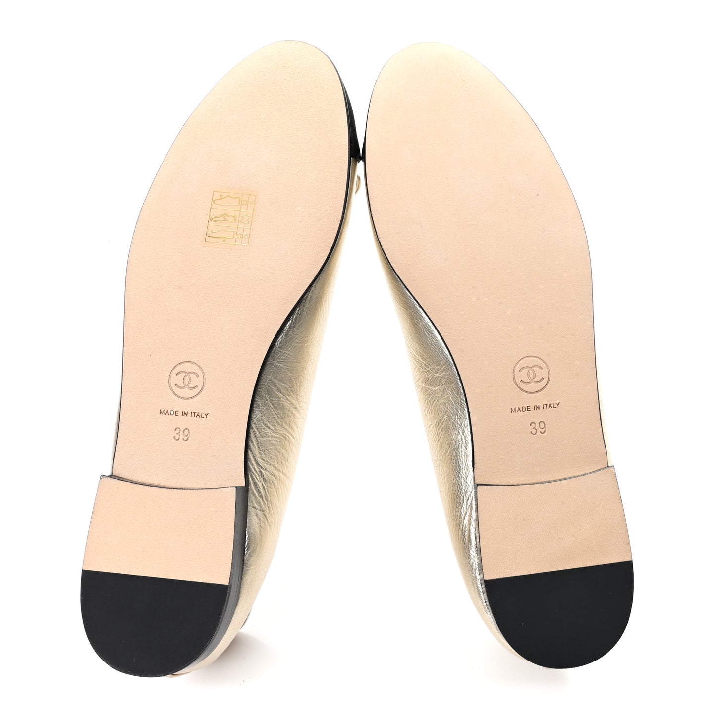 Metallic Laminated Lambskin Grosgrain CC Cap Toe Ballerina Flats 39 Light Gold Black