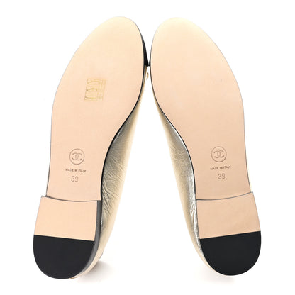Chanel Metallic Laminated Lambskin Grosgrain CC Cap Toe Ballerina Flats 39 Light Gold Black 6 of 10