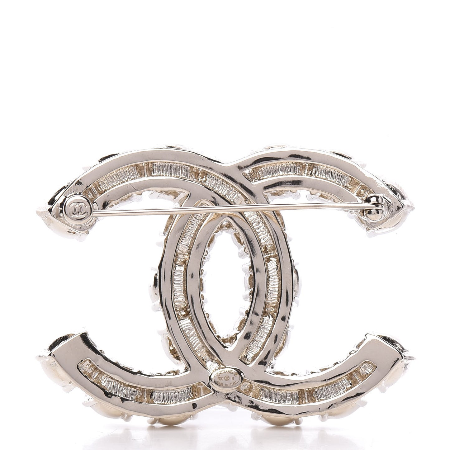Crystal Pearl CC Dazzling Domino Brooch Gold