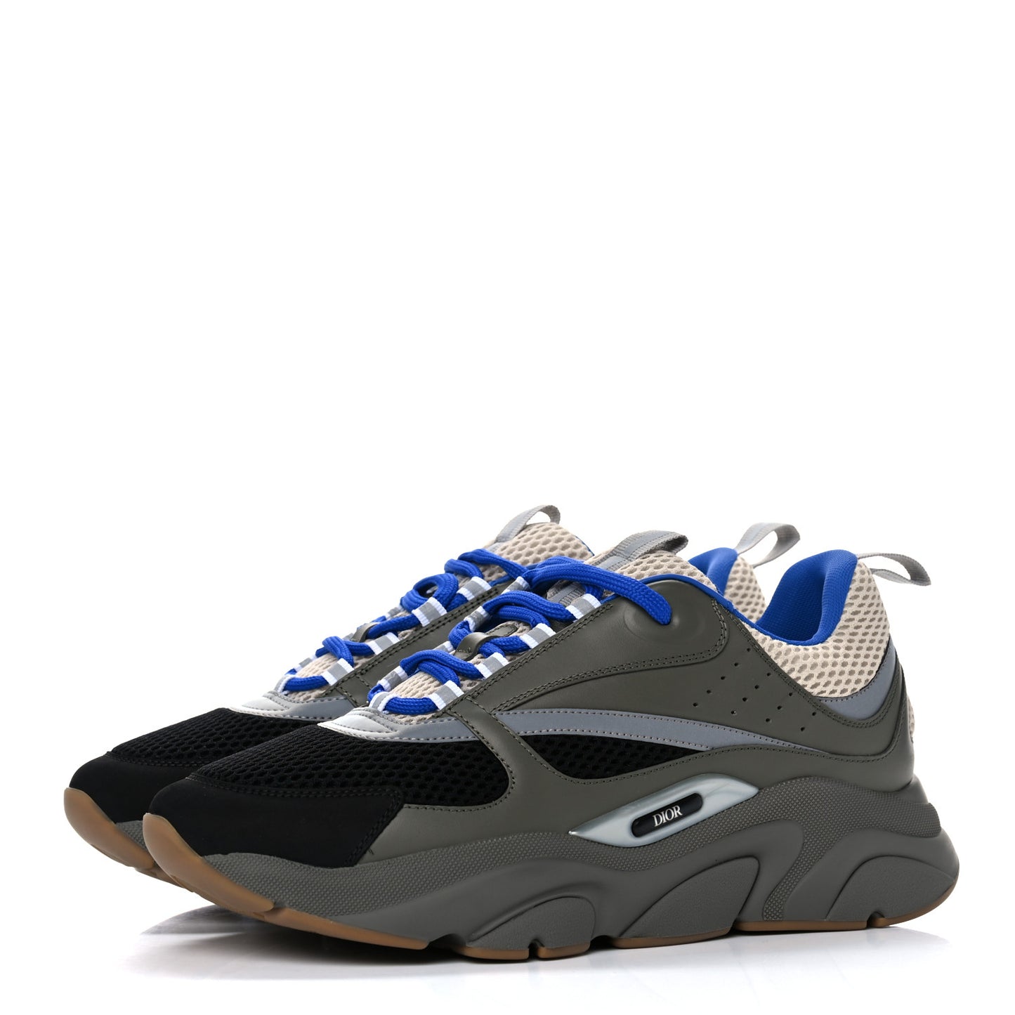 Technical Mesh Calfskin Mens B22 Sneakers 43 Olive Green Black White Grey