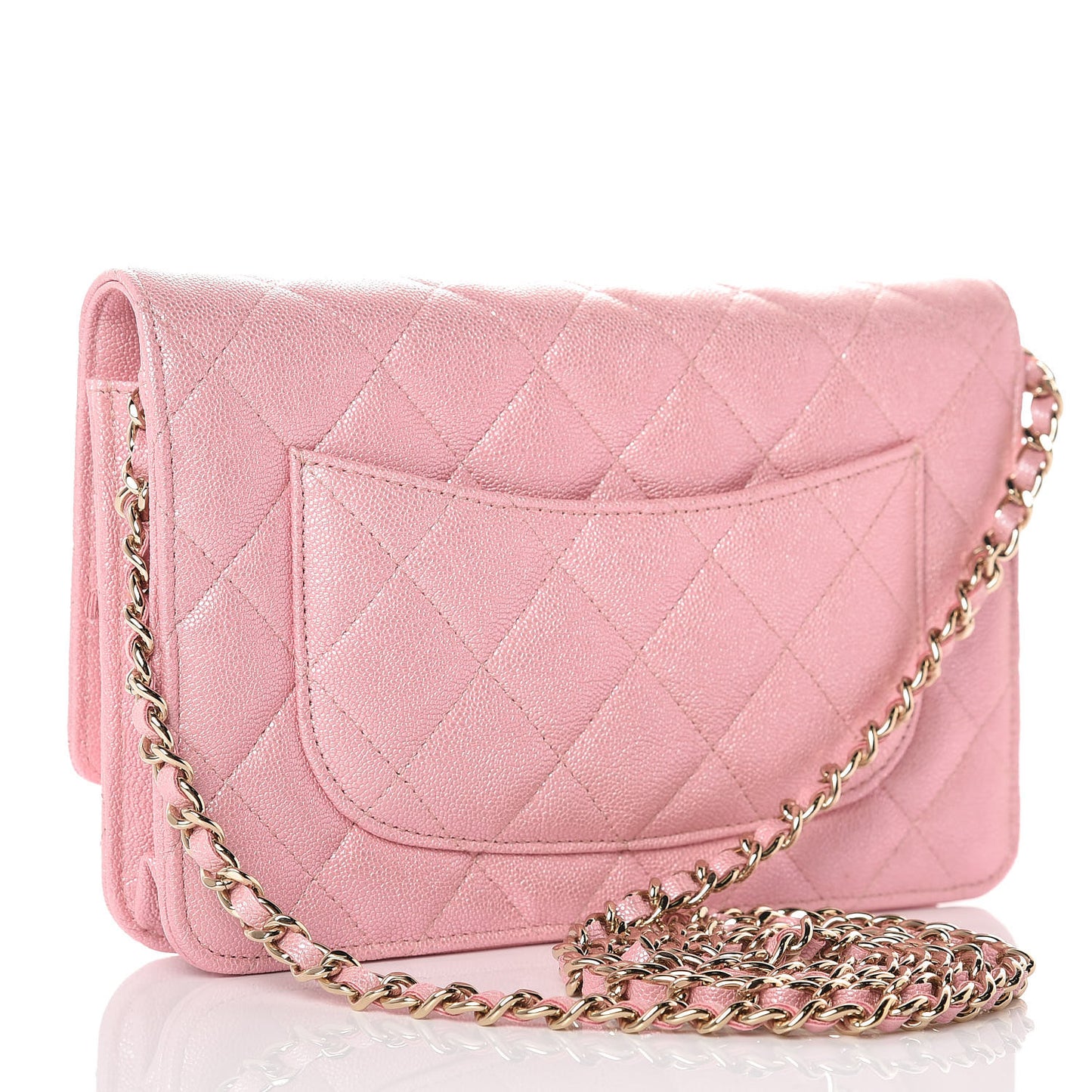Iridescent Caviar Quilted Wallet on Chain WOC Rose Pink