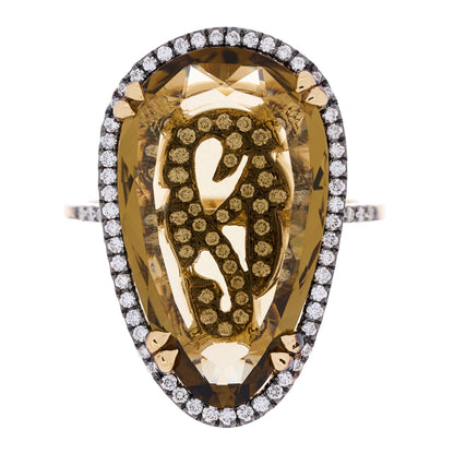 Suzanne Kalan 18K Yellow Gold Diamond Smoky Quartz Vitrine Pear Cocktail Ring 54 6.75 1 of 4