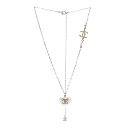 Chanel Resin Crystal CC Heart Necklace Pearly White Gold 3 of 5