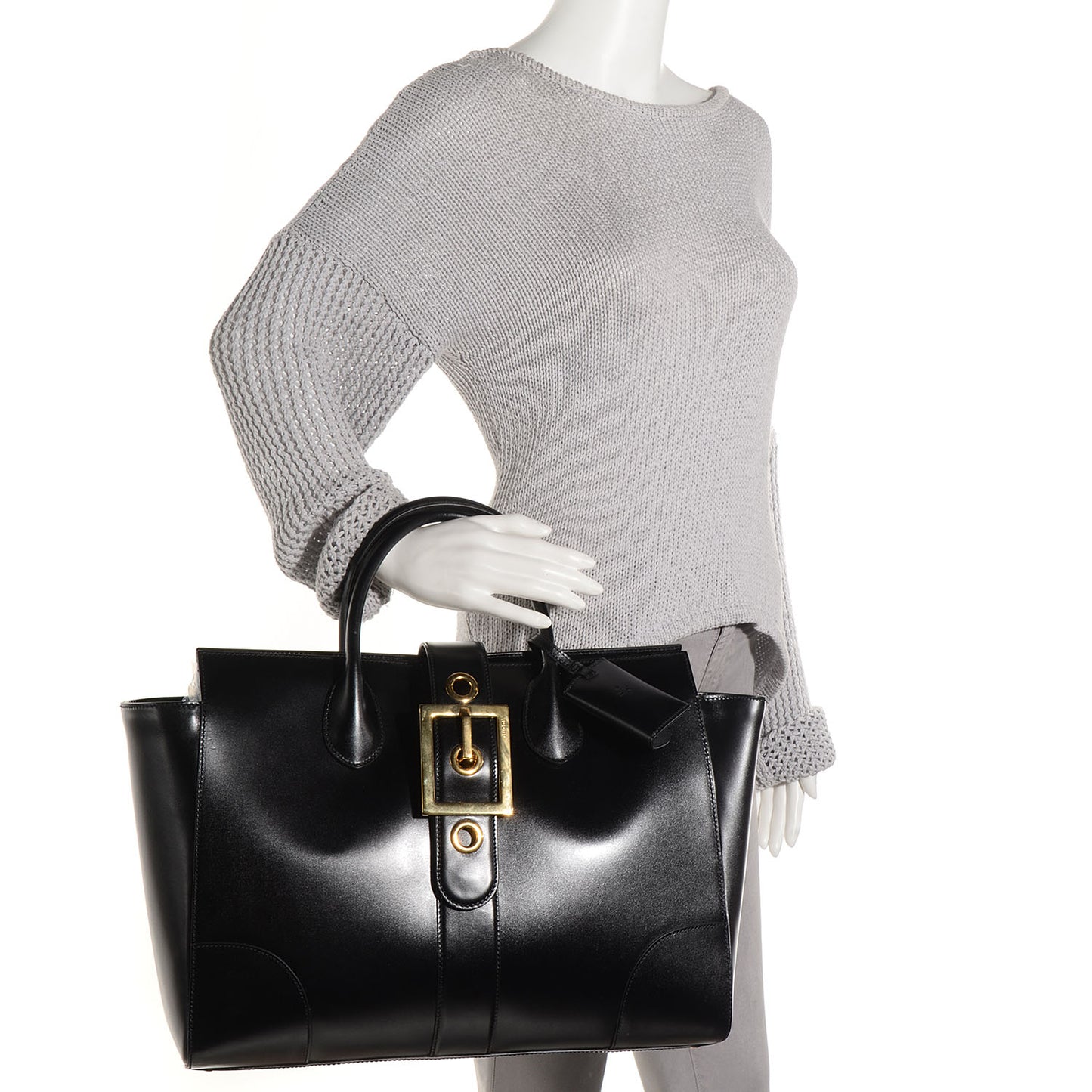 Calfskin Large Lady Buckle Top Handle Bag Black