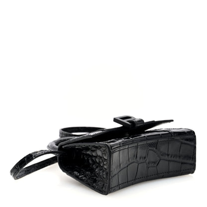 Balenciaga Shiny Calfskin Monochrome Crocodile Embossed Hourglass Top Handle Bag Mini Black 4 of 9