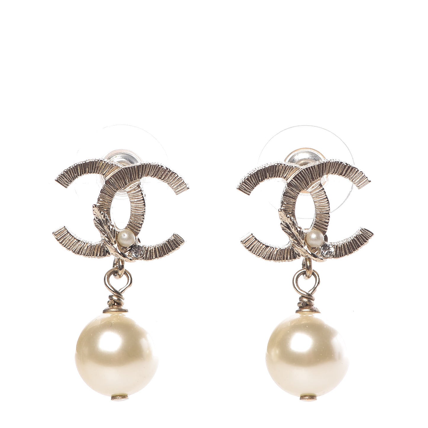 Crystal Pearl CC Drop Leaf Earrings Gold