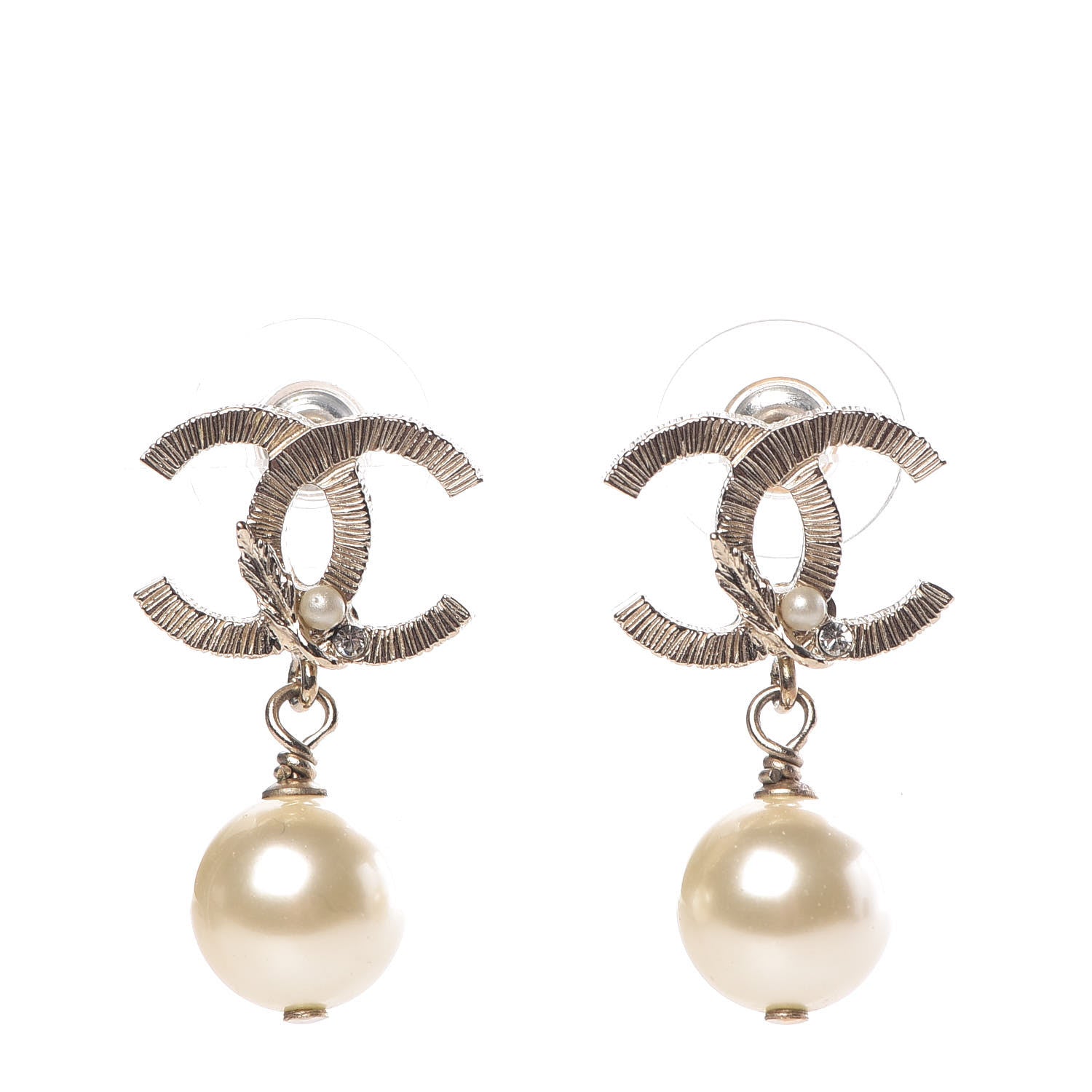 Chanel Crystal Pearl CC Drop Leaf Earrings Gold 1 of 6