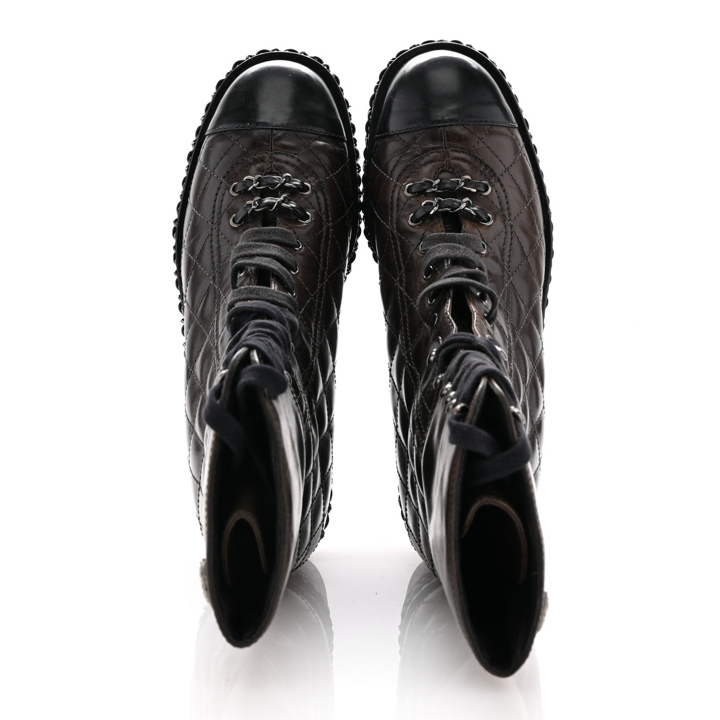 Calfskin Quilted Chain Around Combat Boots 39.5 Dark Brown