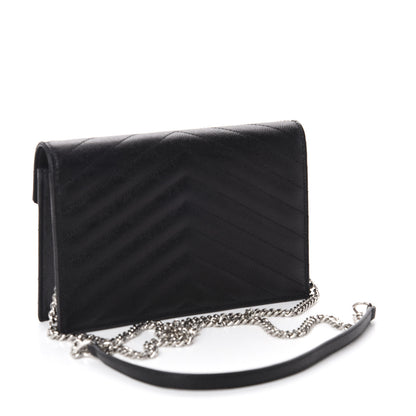 Saint Laurent Grain De Poudre Matelasse Chevron Monogram Envelope Chain Wallet Black 3 of 11