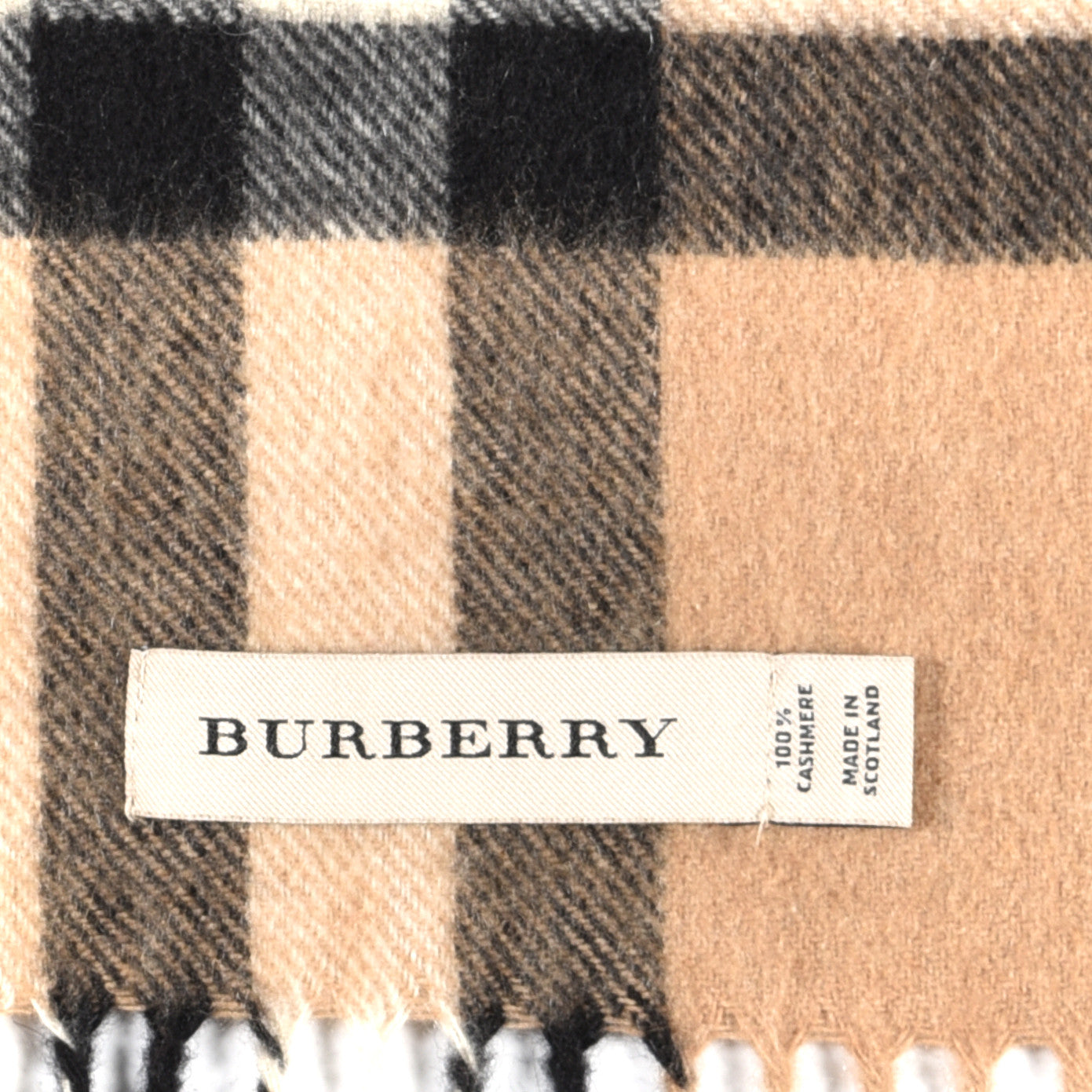 Cashmere Giant Check Fringe Scarf Camel