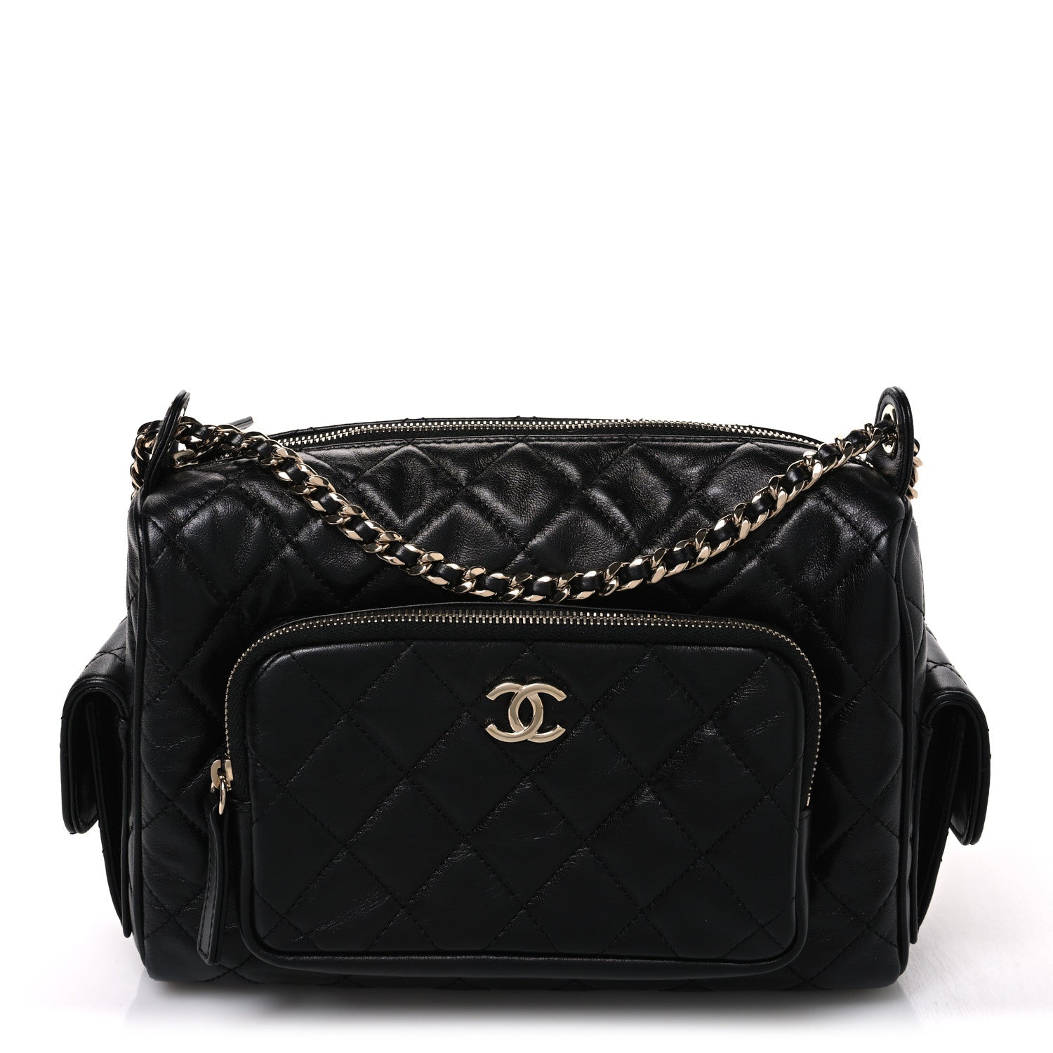 Chanel Shiny Crumpled Lambskin Quilted Medium Preppy Pocket Camera Case Black 1 of 10