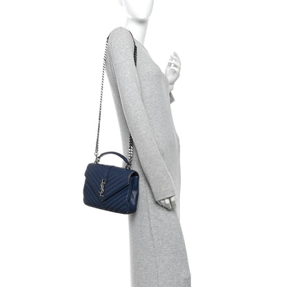 Saint Laurent Sheepskin Matelasse Chevron Monogram Medium College Satchel Navy 2 of 10
