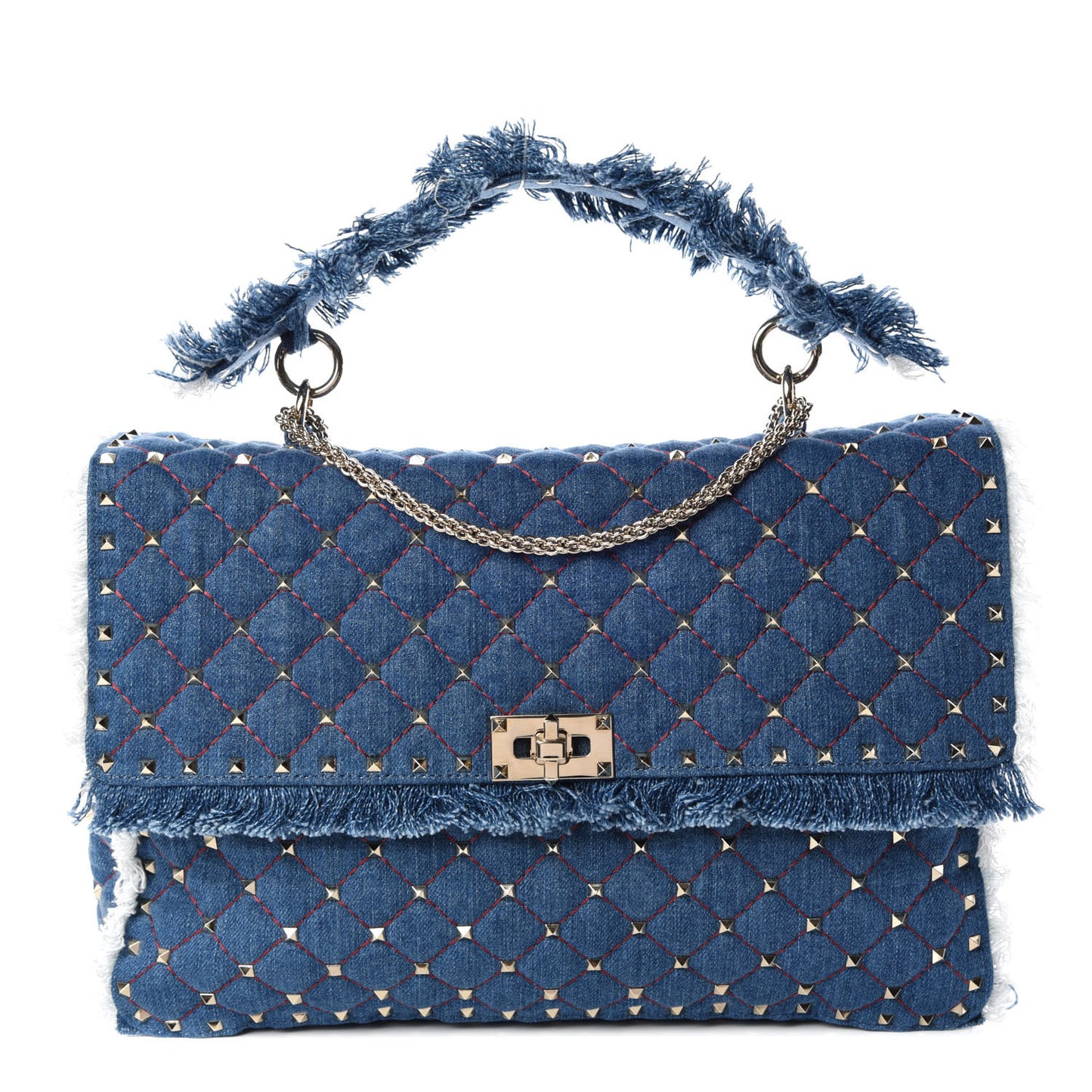 Denim Fringe Maxi Rockstud Spike Shoulder Bag Blue