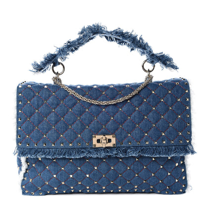 Valentino Garavani Denim Fringe Maxi Rockstud Spike Shoulder Bag Blue 1 of 11