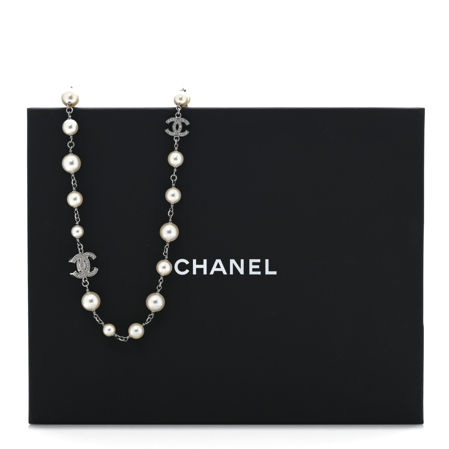Chanel Graduated Pearl Crystal CC Long Necklace Silver 5 of 6