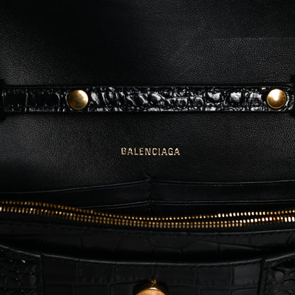 Balenciaga Shiny Calfskin Crocodile Embossed Hourglass Chain Bag Black 5 of 10