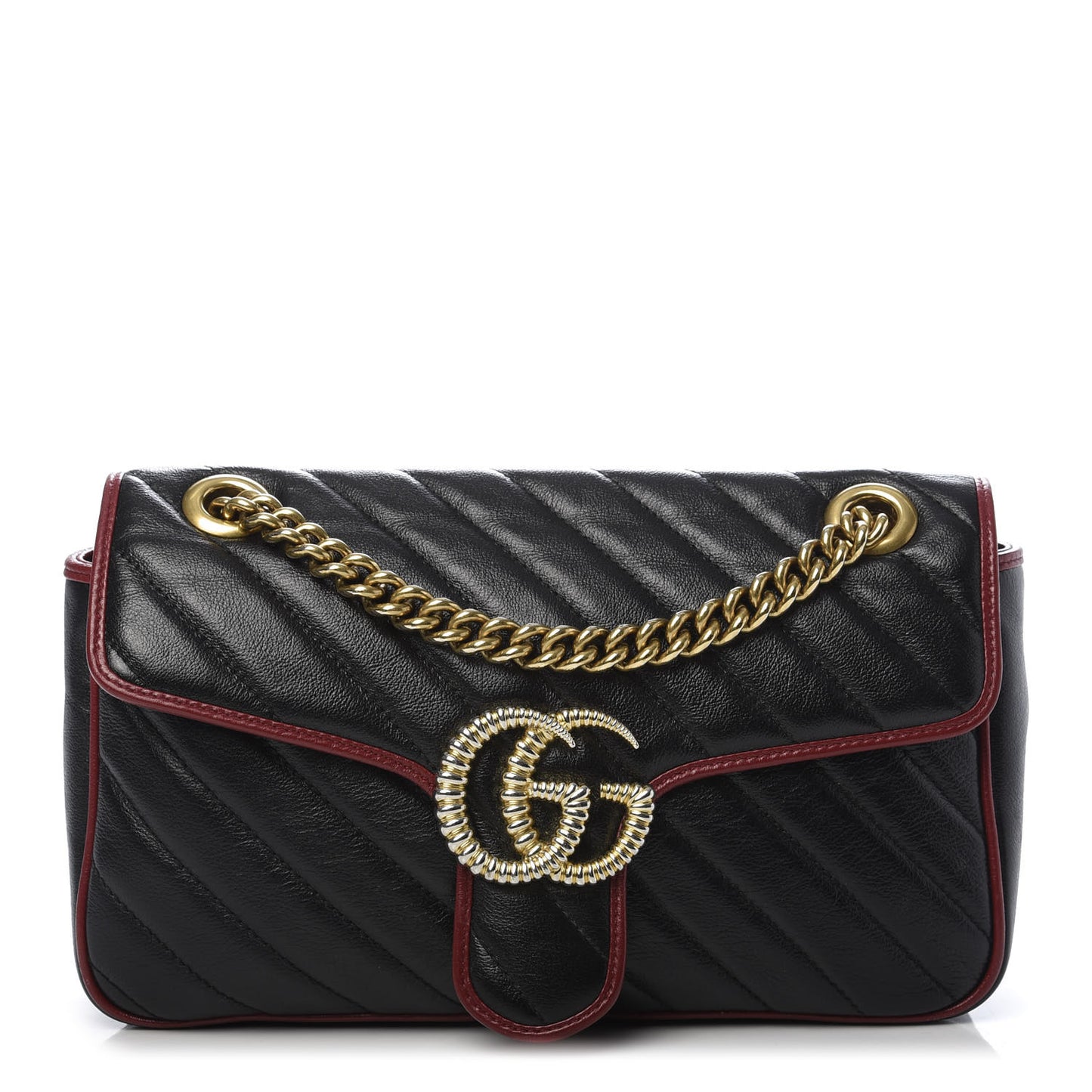 Vintage Effect Calfskin Matelasse Diagonal Small Torchon GG Marmont Shoulder Bag Black Romantic Cherry