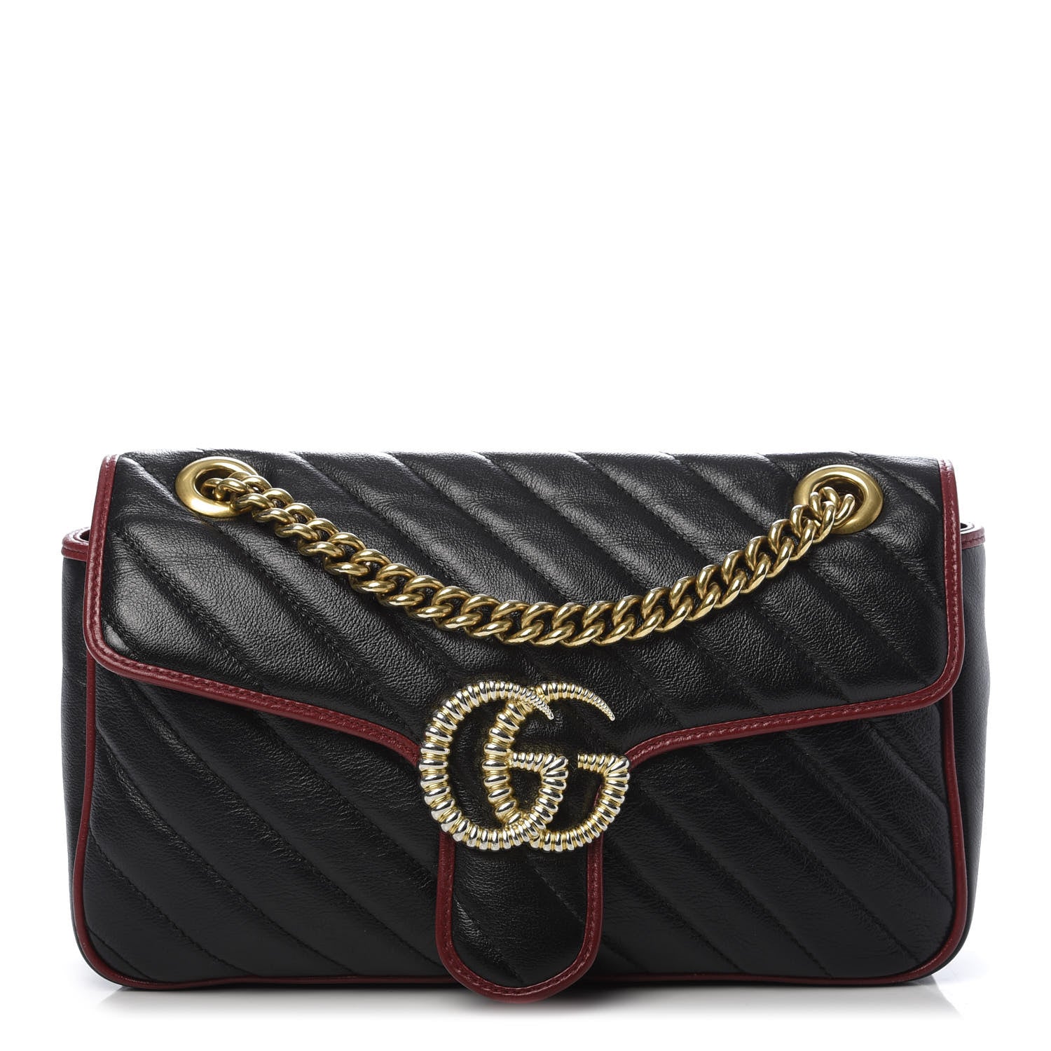 Gucci Vintage Effect Calfskin Matelasse Diagonal Small Torchon GG Marmont Shoulder Bag Black Romantic Cherry 1 of 9