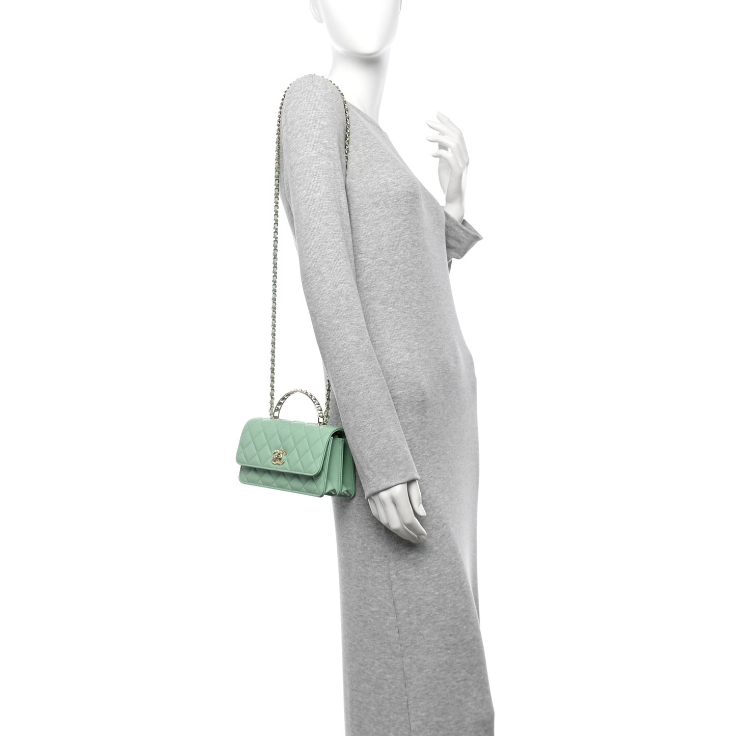 Lambskin Quilted Pearl Top Handle Clutch With Chain Light Green