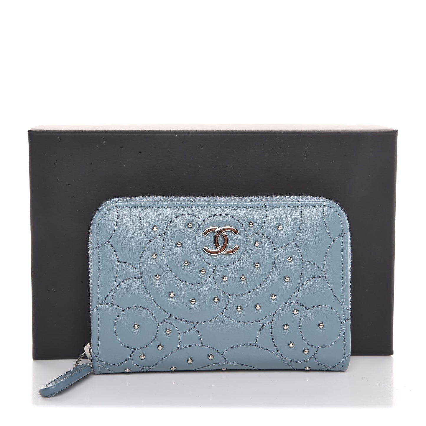 Lambskin Camellia Embossed Studded Zip Coin Purse Blue