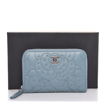 Chanel Lambskin Camellia Embossed Studded Zip Coin Purse Blue 8 of 8