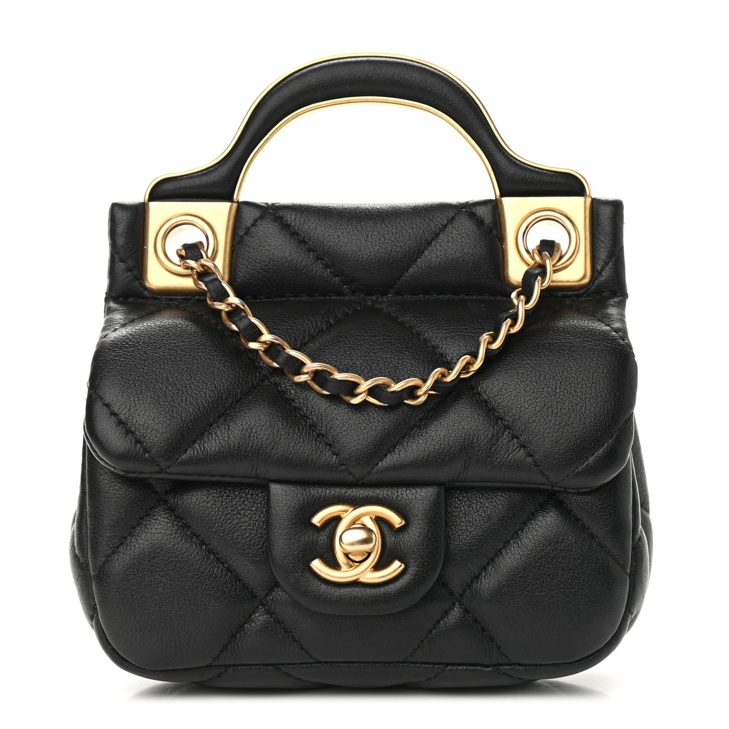 Calfskin Quilted Lady Handle Flap Card Holder With Chain Black