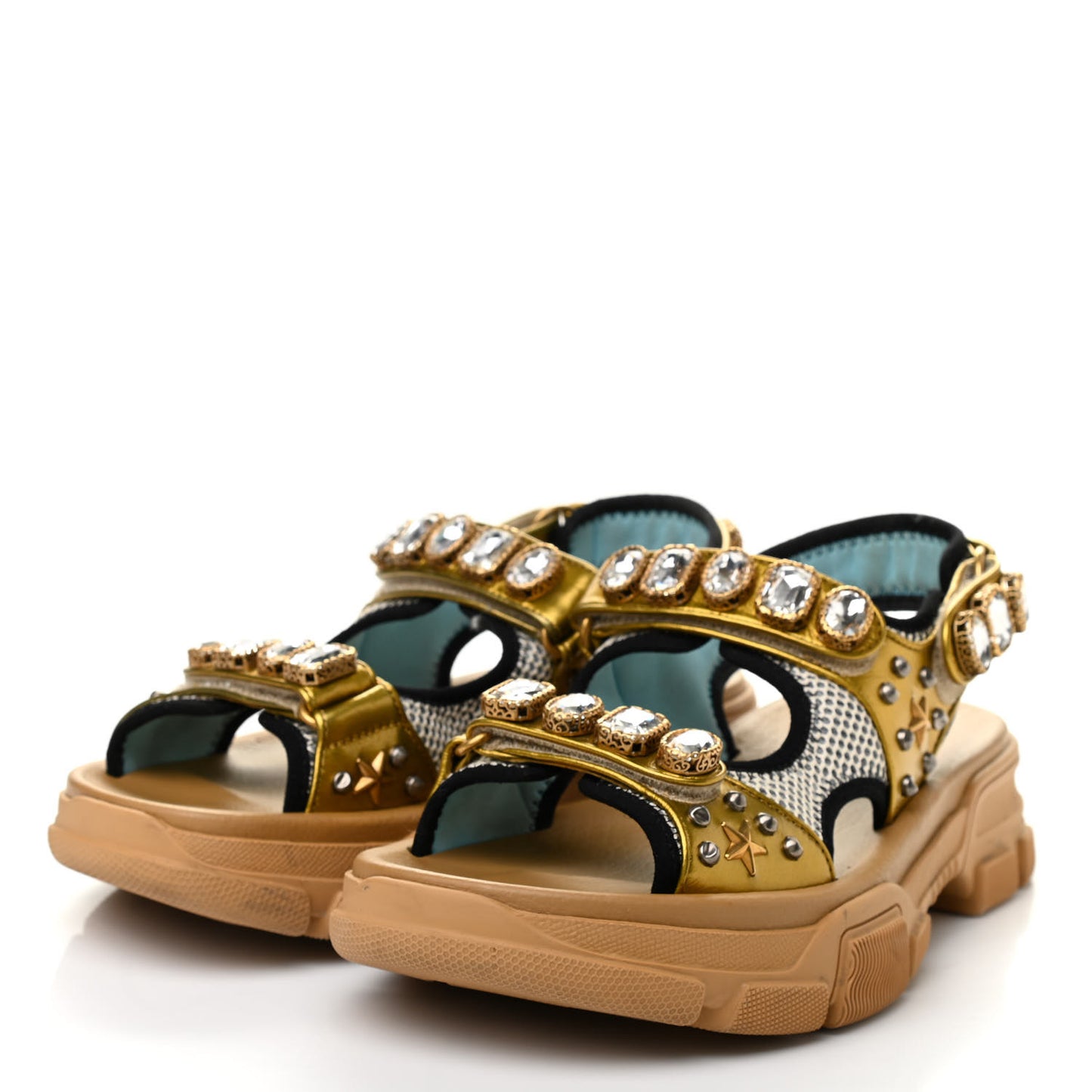 Silk Calfskin Mesh Crystal Embellished Studded Womens Aguru Sandals 40 Gold