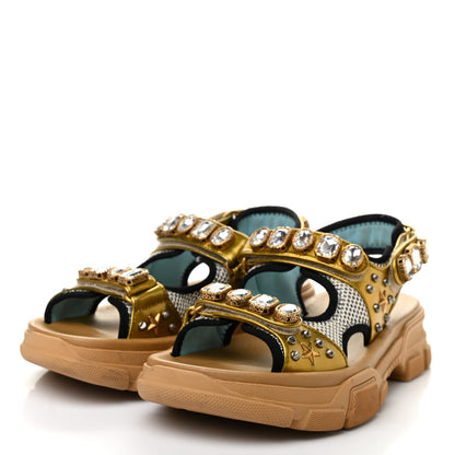 Gucci Silk Calfskin Mesh Crystal Embellished Studded Womens Aguru Sandals 40 Gold 3 of 7