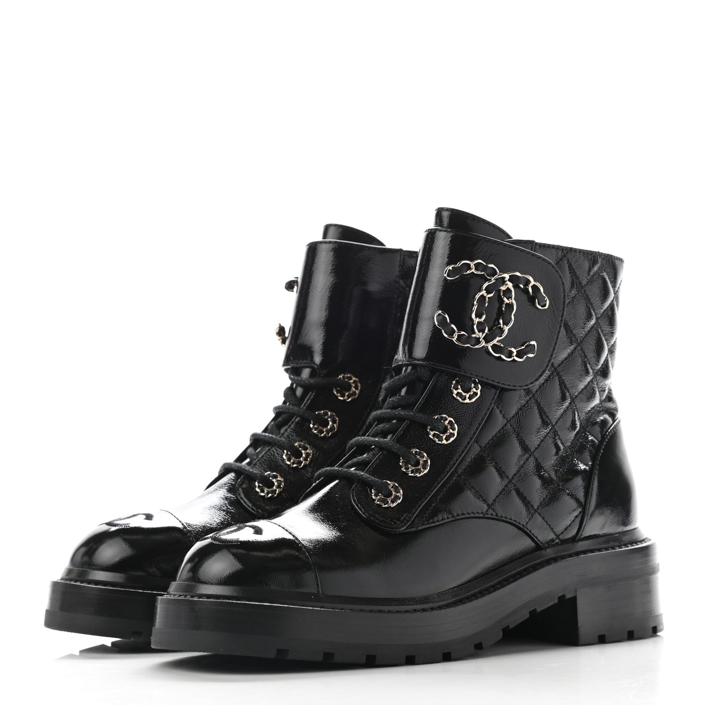 Shiny Lambskin Quilted Lace Up Combat Boots 35 Black