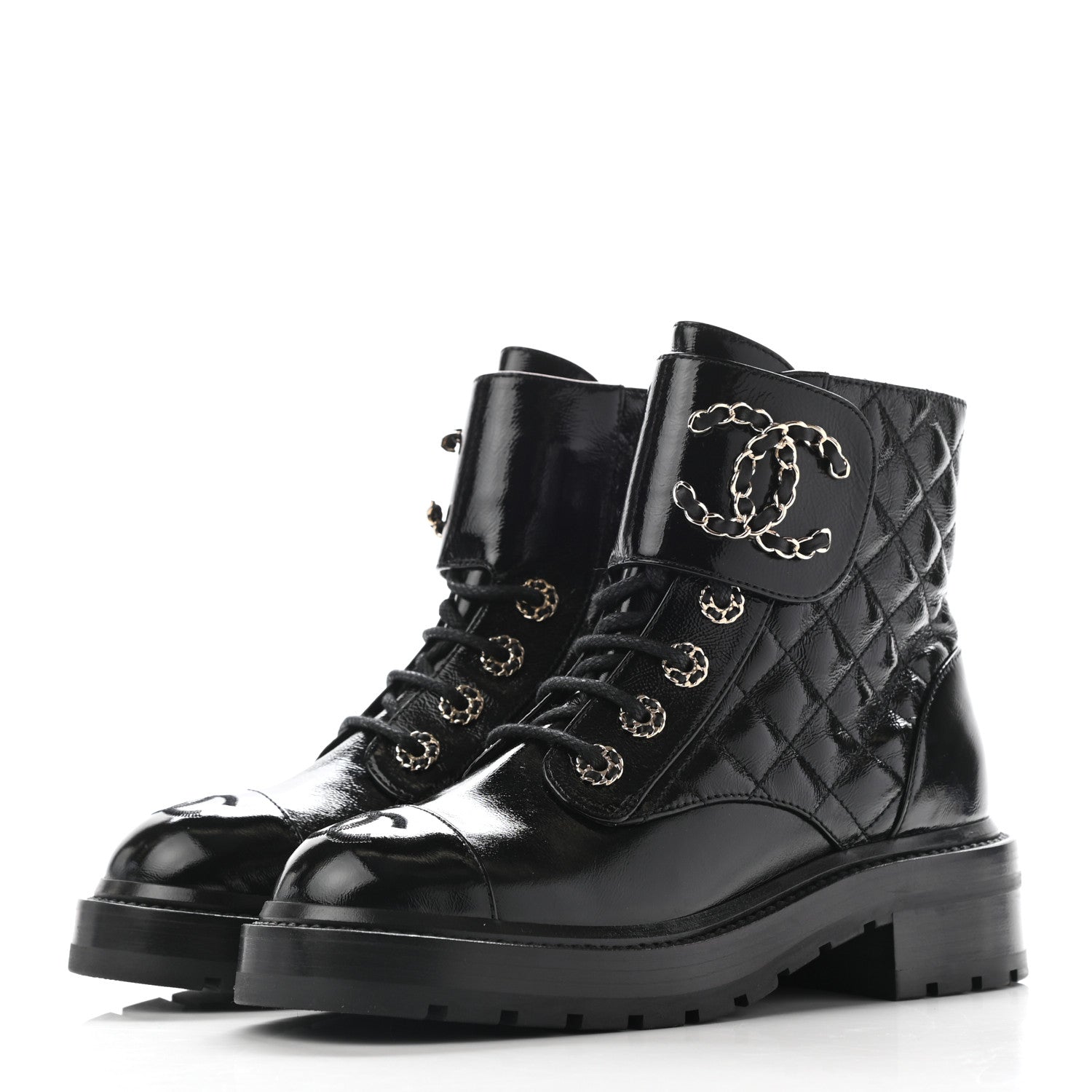 Chanel Shiny Lambskin Quilted Lace Up Combat Boots 35 Black 3 of 12