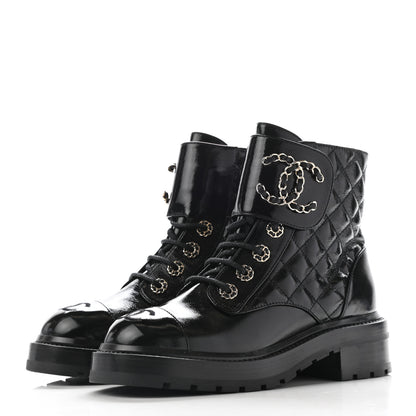 Chanel Shiny Lambskin Quilted Lace Up Combat Boots 35 Black 3 of 12