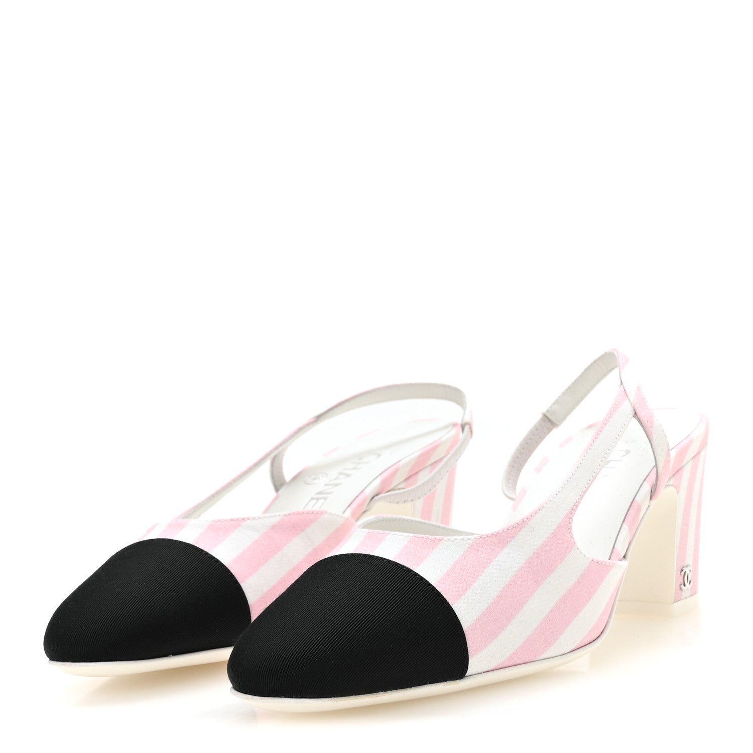 Chanel Fabric Grosgrain Cap Toe CC Striped Slingback Pumps 36 Pink White 4 of 8