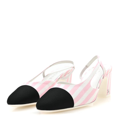 Chanel Fabric Grosgrain Cap Toe CC Striped Slingback Pumps 36 Pink White 4 of 8