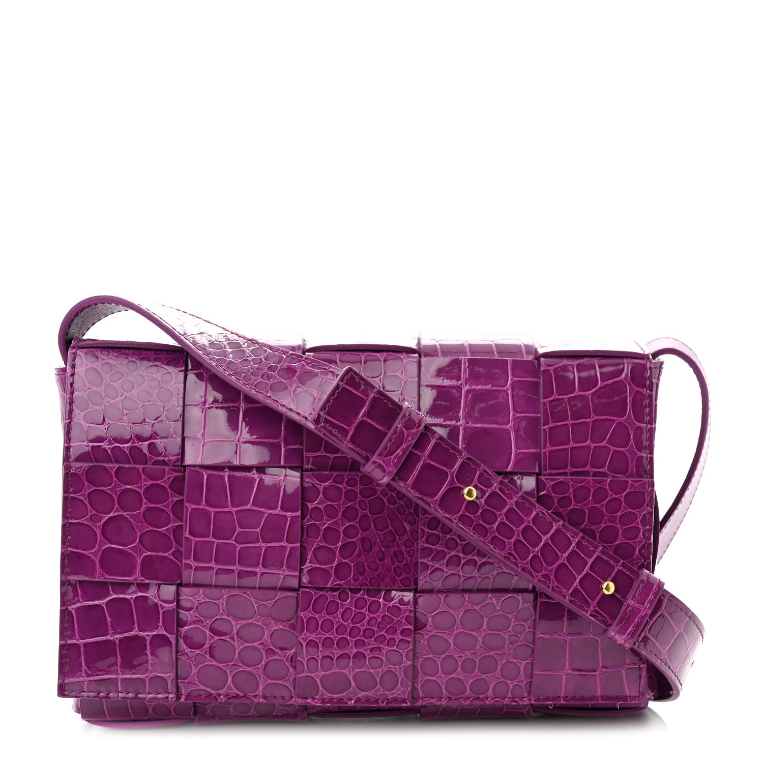 Bottega Veneta Gloss Calfskin Croc Embossed Intreccio Cassette Crossbody Bag Venom Brass 1 of 9