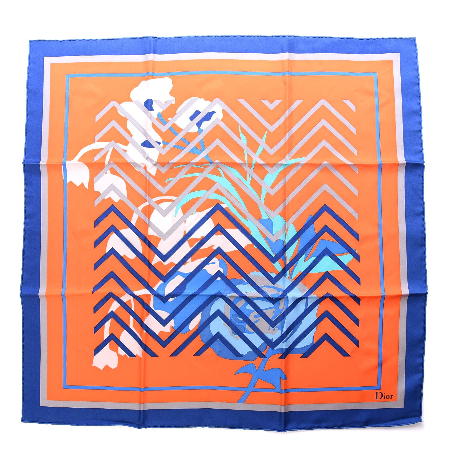 Christian Dior Silk Floral Square Scarf Blue Orange 1 of 3