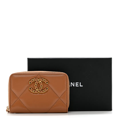 Chanel Lambskin Quilted Chanel 19 Zip Around Coin Purse Wallet Brown 8 of 8