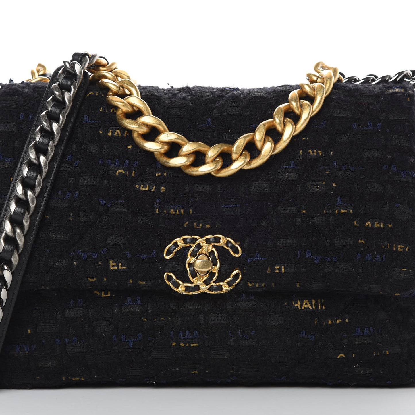 Tweed Quilted Large 19 Flap Black Navy Gold