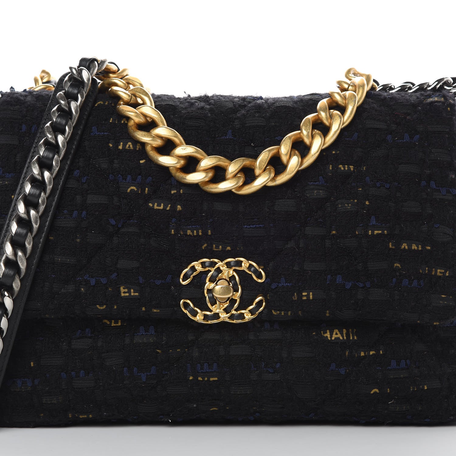 Chanel Tweed Quilted Large 19 Flap Black Navy Gold 8 of 11