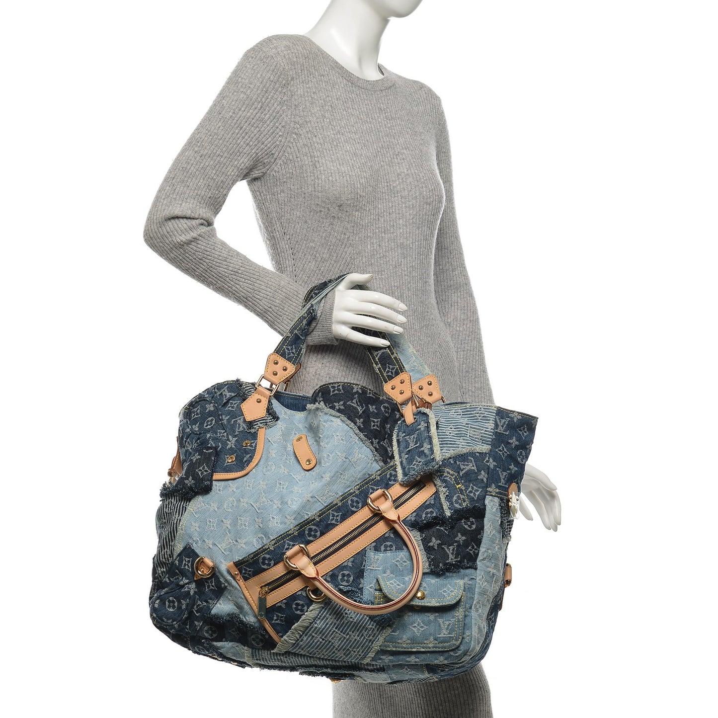 Denim Patchwork Cabby Tote Blue