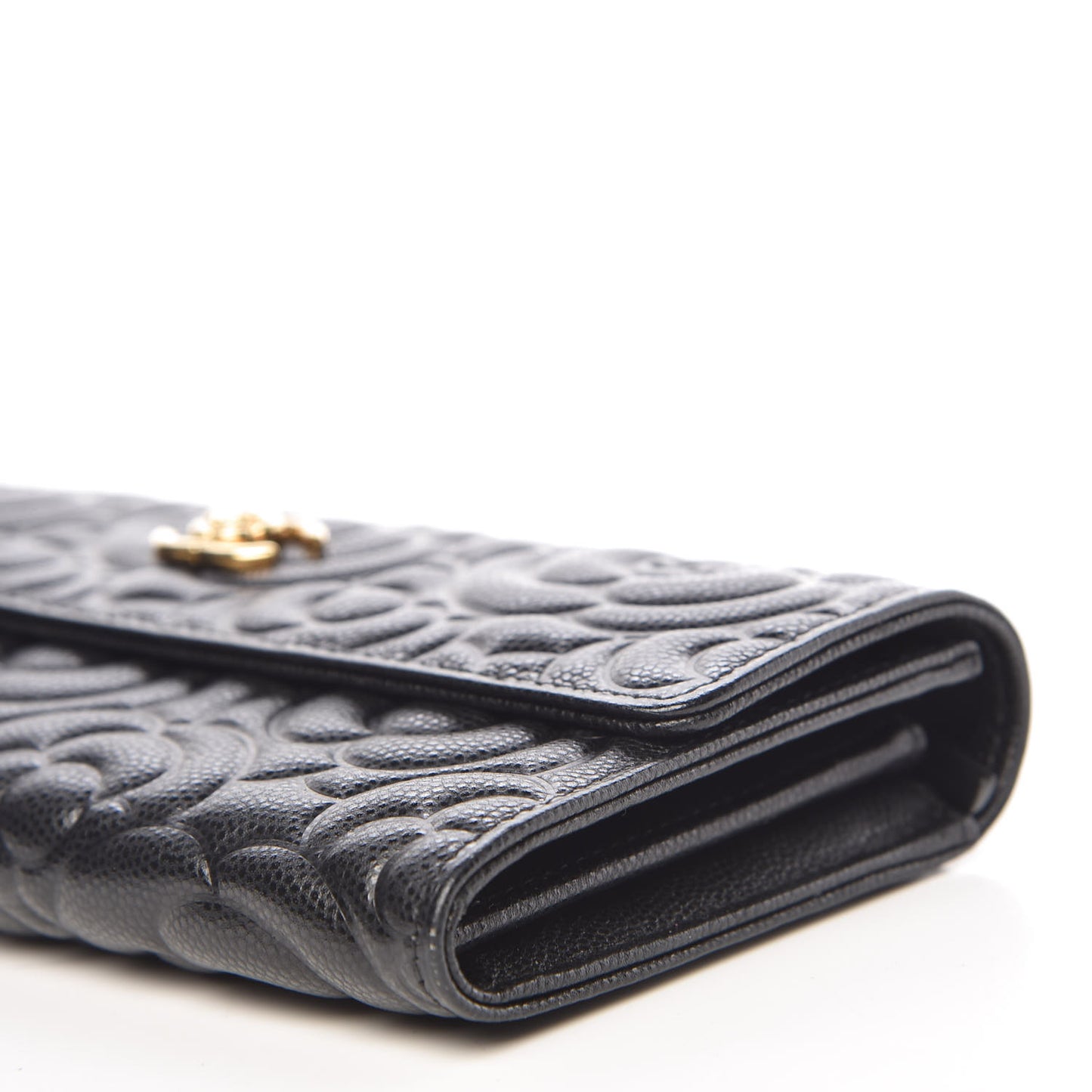 Caviar Camellia Embossed Flap Wallet Black