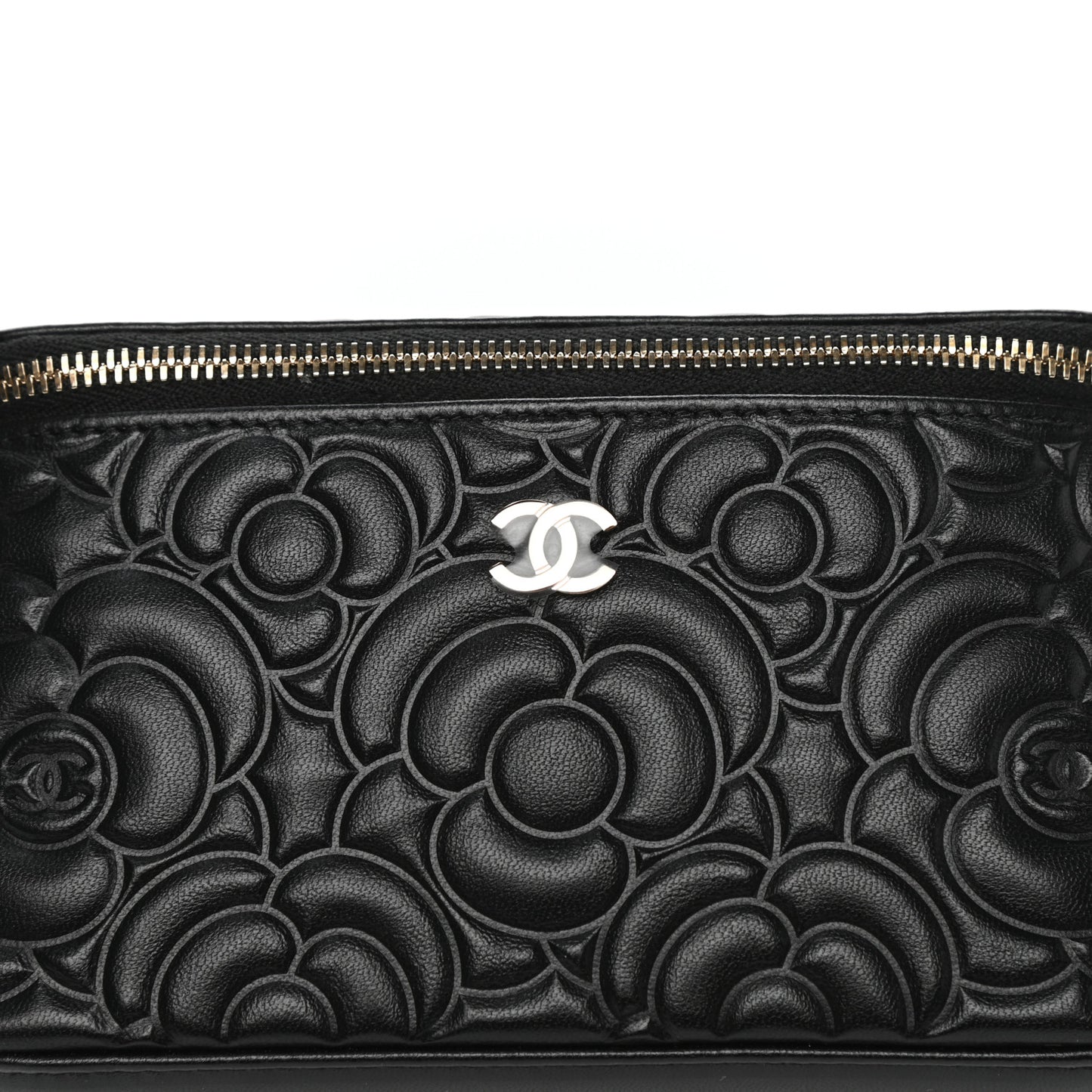 Goatskin Camellia Embossed Quilted Small Vanity Case With Chain Black