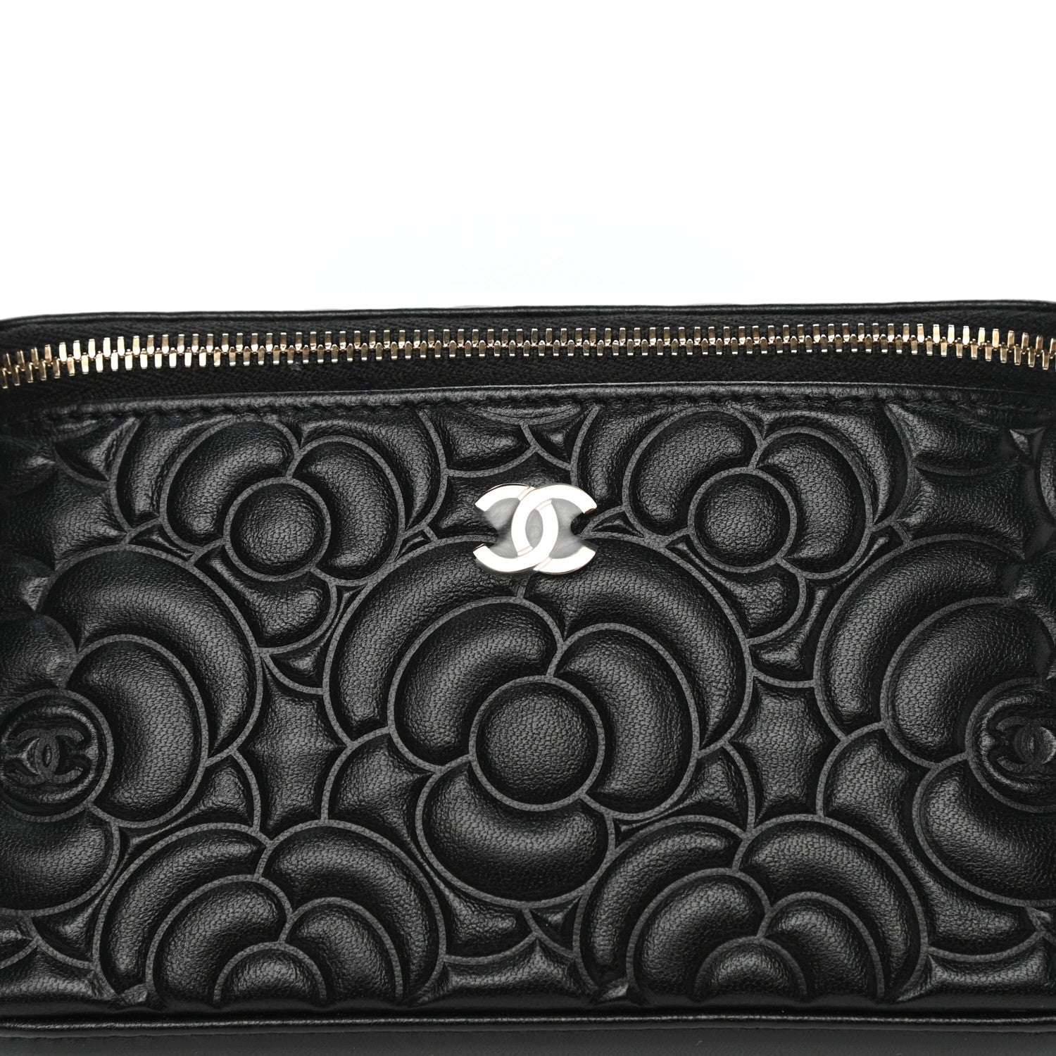 Chanel Goatskin Camellia Embossed Quilted Small Vanity Case With Chain Black 10 of 10